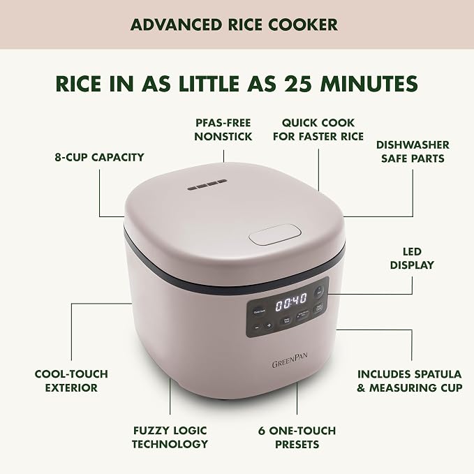 GreenPan Advanced Rice Cooker, 4-Cups Uncooked/8-Cups Cooked, Removable Nonstick Ceramic PFAS-Free Pot, White & Brown Rice, Family Sized, Quick Cook in 25mins, 6 Presets, Fuzzy Logic Tech, Clay