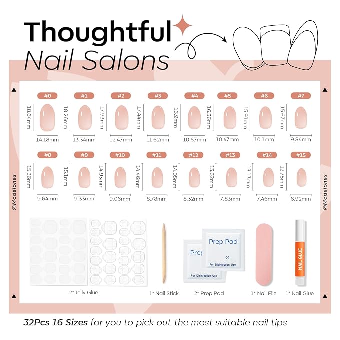 modelones Nude Short Press on Nails, Semi-Transparent Oval Fake Nails Kit | Press Ons with Nail Glue, Adhesive Tabs, Nail File, Prep Pad, Manicure Stick, 32Pcs 16 Sizes, Summer Women Girl Gift