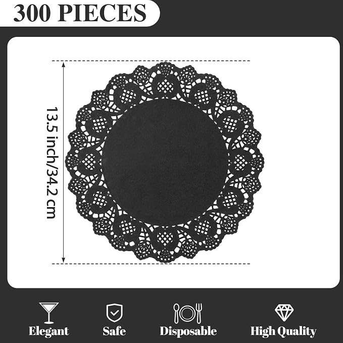 300 Pack 13.5 Inch Round Black Paper Doilies, Disposable Lace Placemat | Rustic Scallop Doily Table Pads, Heavy-Duty Paper Place Mats for Cakes, Crafts, Parties, Weddings, Buffet, Home Decor