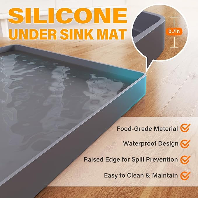 FLATO Waterproof Under Sink Mat, 34" x 19", Black | Shelf Liner for Kitchen and Bathroom, Cabinet Protector, Organizers and Storage, Flexible Silicone Drip Tray