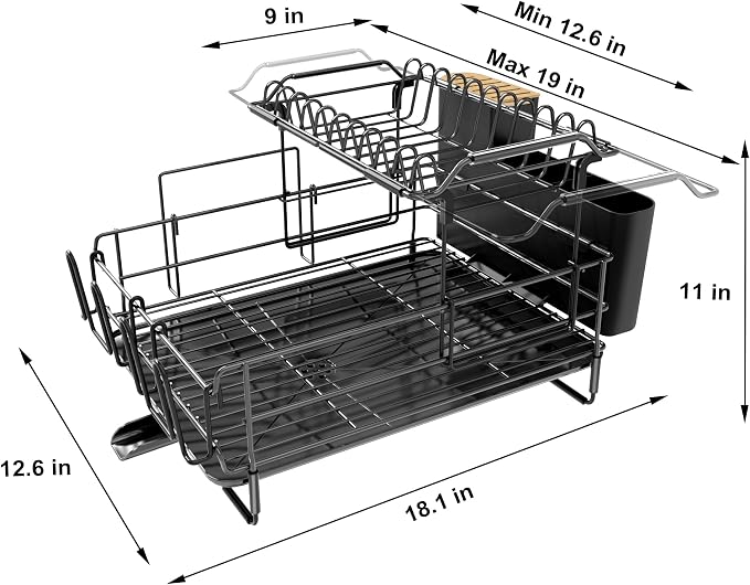 Runnatal Large Dish Drying Rack Stainless Steel Sink for Kitchen | 2 Tier Extendable Stainless Steel Dish Rack Used in Sink & Kitchen Counter, with Drainboard Set & Utensil Holder & Cup Holder