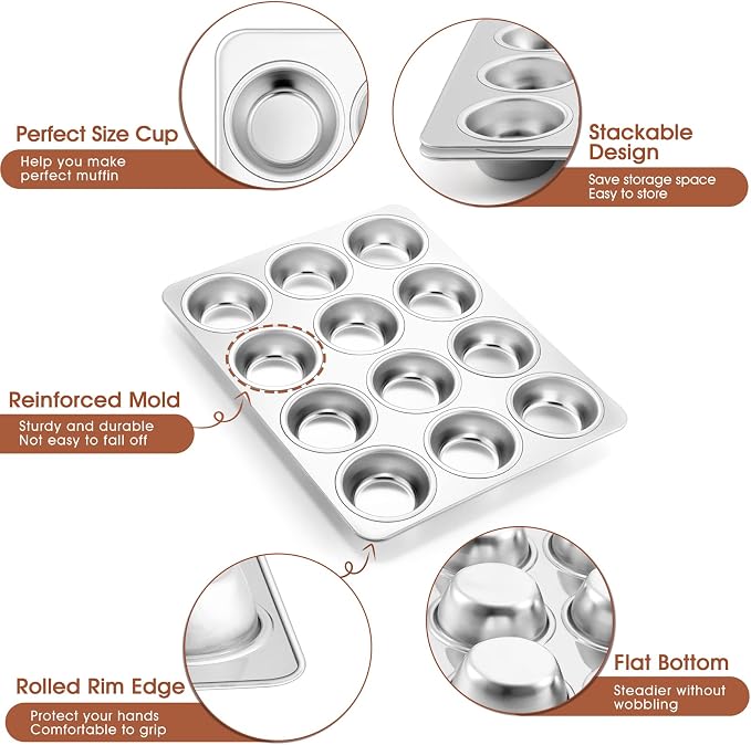 P&P CHEF 12-Cup Muffin Pan Tin, Stainless Steel Cupcake Pan, 2Pcs | Muffin Tin for Oven Baking, Dishwasher Safe, Non-Toxic, Standard Size, Ideal for Homemade Muffin Cup Cake Tart Quiche