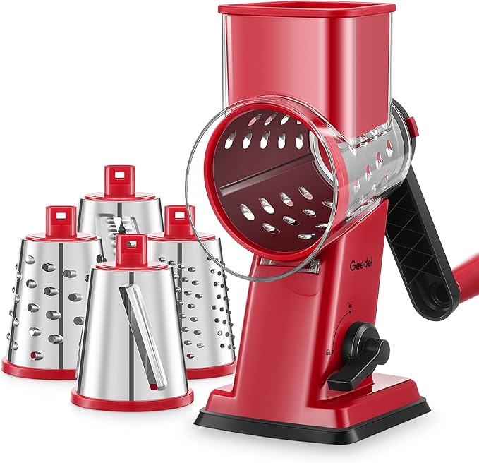 Geedel Upgraded Rotary Cheese Grater Hand Crank, Vegetable Shredder Slicer | 4 Blades, Stronger Suction Base, Wider Chute, 18x Faster Cutting, No BPA, Stainless Steel, for Cheese, Veggies, Nut