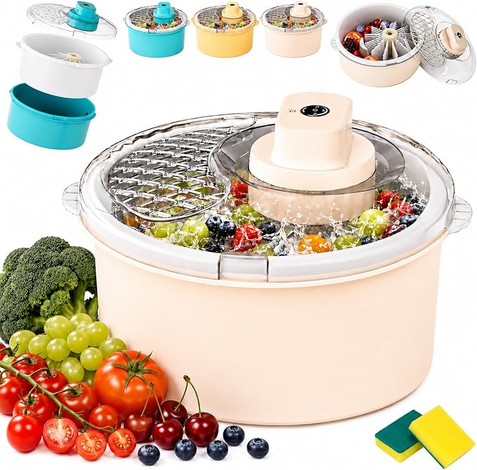 Electric Fruit Cleaner Spinner, 2-in-1 Salad Spinner, Strainer & Food Dryer, Multifunctional Fruit & Vegetable Washing Spinner Bowl, Home One-Touch Cordless Produce Cleaner Device (Beige,Electric)
