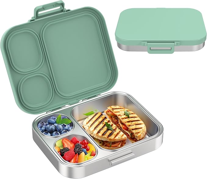 Pawtong Stainless Steel Bento Lunch Box for Kids | 3-Compartment Lunch Box Container Kids | 100% Leakproof, Eco-Friendly, Perfect Portion Control for Kids&Adult Healthy Meals (Green)