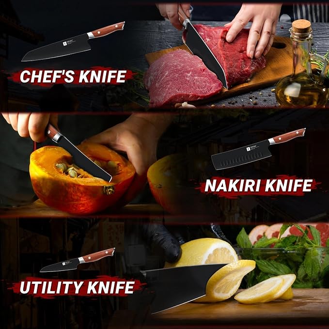 TIVOLI 3 PCS Kitchen Knife Set - Black Blade Rustproof Coating | German High Carbon Stainless Steel, Full Tang Ergonomic Wood Handle, Gift Box, Stain Resistant & Easy to Clean, for Cooking