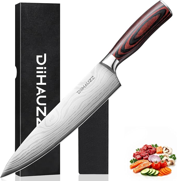 DiiHAUZZ 8 Inch Chef Knife, High Carbon Stainless Steel Kitchen Knife | Ultra Sharp 12-15° Edge, Ergonomic Handle, No Crack No Shrink Pakkawood, Great Edge Retention, 59HRC, Sheath & Gift Box
