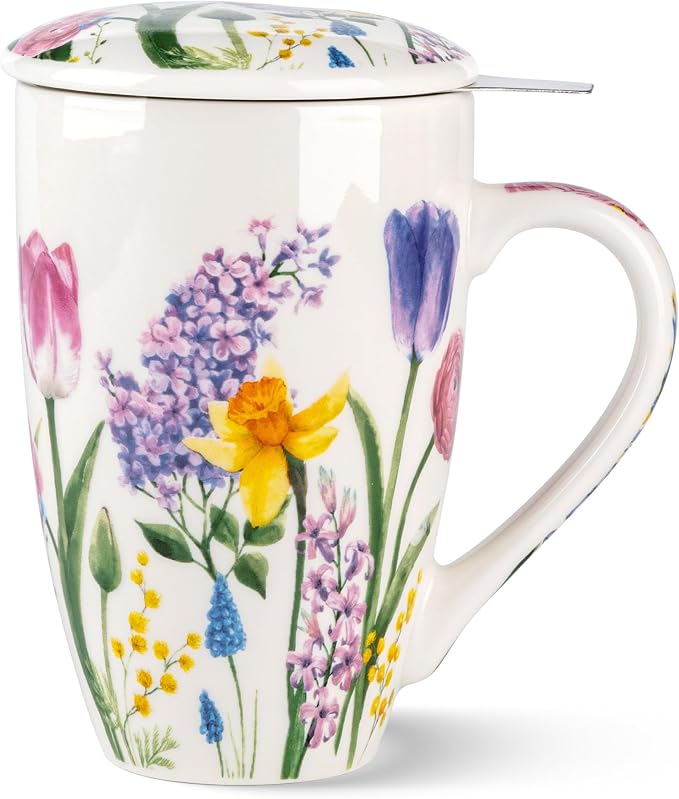 GBhome Tea Mug with Infuser and Lid,18 Ounce Ceramic Loose Leaf Cup Steeper | Lead-Free Glaze For Tea Lovers,Microwave & Dishwasher Safe with Tea Strainer