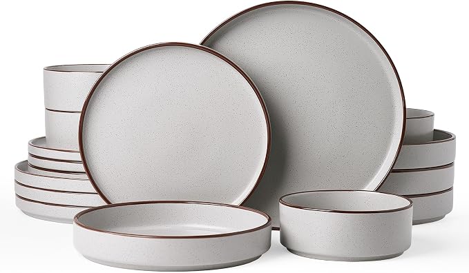 Famiware Nebula Ridge 16-Piece Dinnerware Set with Pasta Bowls, Light Gray | Stoneware Plates and Bowls for 4, Warm Hand-Painted Rims, Microwave and Dishwasher Safe