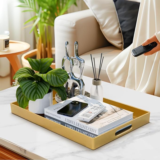 Gold Decorative Tray for Coffee Table, Serving Tray with Handles | Plastic Melamine Tray, Modern Ottoman Tray, Rectangular Countertop Organizer Tray for Living Room, 15.8"L x 10.2"W x 1.4"H