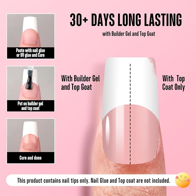 NOVO OVO Old School Retro French Tips Nails Press on, Medium Length Tapered Square BABY PINK, Extra Thick Soft Gel Fake Acrylic Extension, Need Builder Gel, Top Coat, Glue 15 Sizes 240 pcs