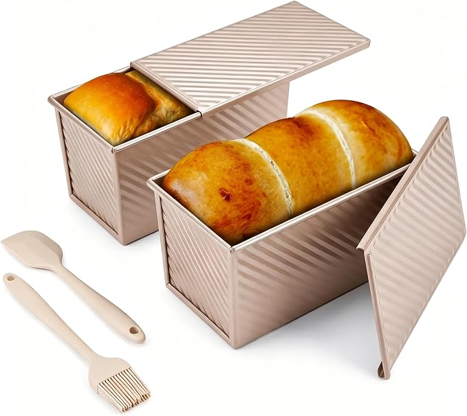 CARTMAN 2-Pack 1 LB Pullman Loaf Pan with Lid, Carbon Steel Set, Gold | Includes spatula & brush, 1 lb dough capacity, nonstick carbon steel, bottom vents, ideal for square bread & toast slices