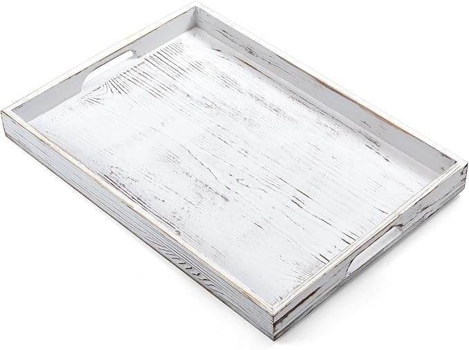17 Inch Rustic White Serving Tray with Handles - Large Wooden Tray for Ottoman, Breakfast in Bed, Dinner, Coffee Table - Decorative Rectangular Tray for Living Room Bedroom Entryway and Kitchen Decor