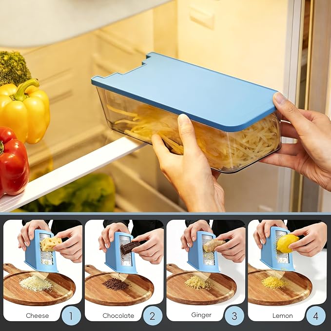 7-in-1 Safe Mandoline Slicer for Kitchen, Vegetable Slicer with Container | Adjustable Veggie Chopper Cutter, Upgraded Tray & Stainless Steel Grater & Basket & Lid & Cleaning Brush (Blue Pro)
