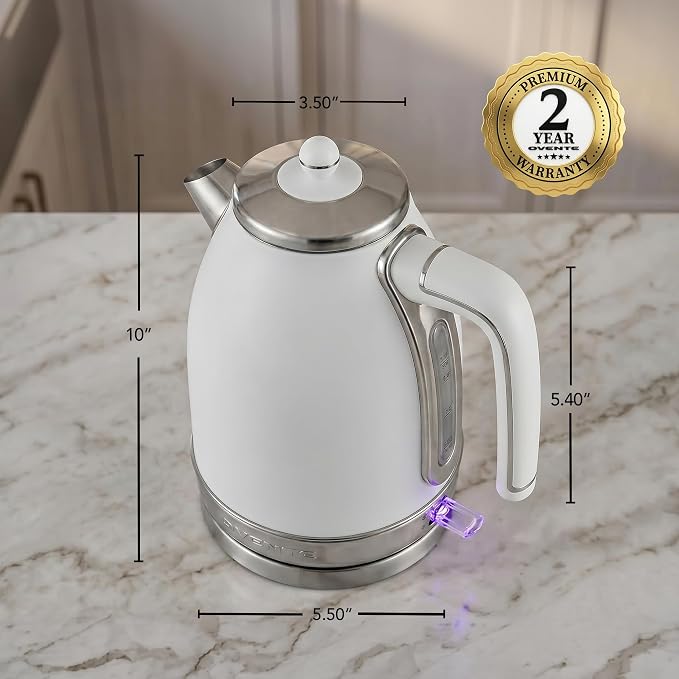 OVENTE 1.7L Stainless Steel Electric Kettle, 1500W Power, White KS777W | Fast Boiling Heater, BPA Free, Cordless Body Design, Auto Shut-Off, Boil-Dry Protection, Indicator Light and Removable Filter