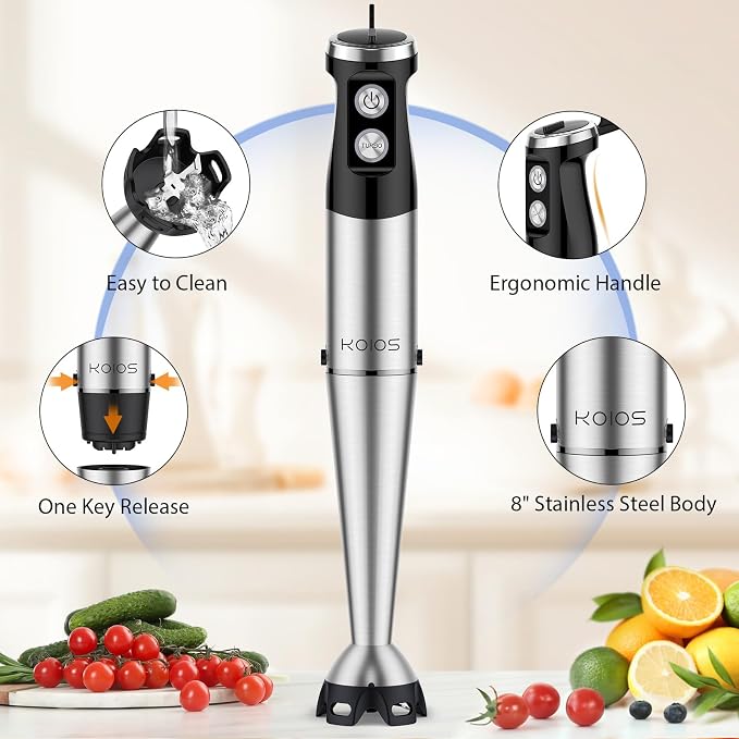 KOIOS Immersion Blender, 1000W Anti-scratch 3-in-1 Hand Blender, Upgraded 12 Speed Stainless Steel Blade Stick Blender with Turbo Mode, Whisk and Milk Frother, Non-BPA, Black
