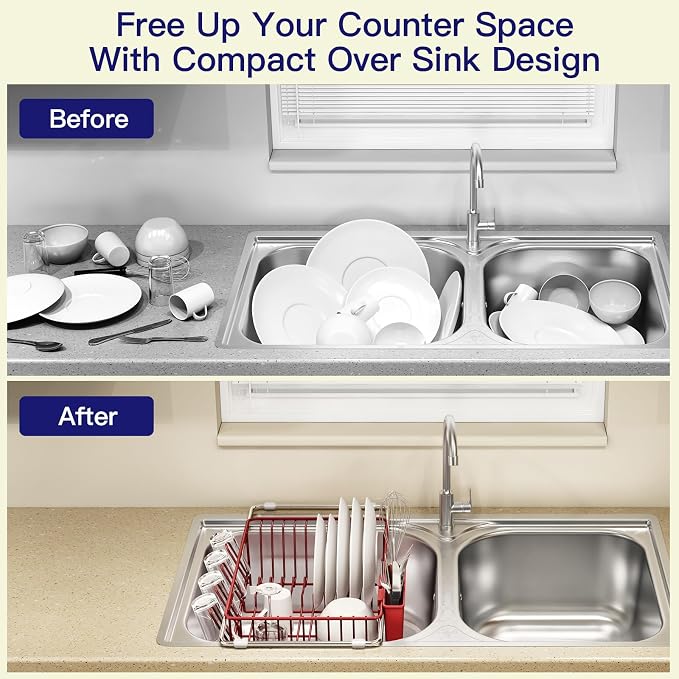 Red Dish Drying Rack Over The Sink with Utensil Holder | Expandable Stainless Steel Dish Drainer for Small Kitchen, Apartment, RV, Counter Space Saving, Perfect Fit, Rustproof