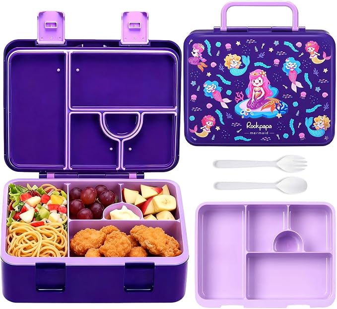 rockpapa Bento Box for Kids - Large 5.5 Cups Lunch Box with Utensils - 5 Compartments, BPA-Free, Leak Proof, Portable Handle for Boys Girls, Microwave/Dishwasher Safe (Purple Mermaid)