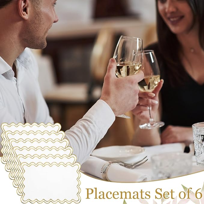 HunnmingRe White with Gold Set of 6 Cotton Linen Wedding Placemats, 13x19 Inch Scalloped Wavy Embroidery Placemat Double Layered Washable Rustic Rectangle Dinner Table Mat for Home Decor