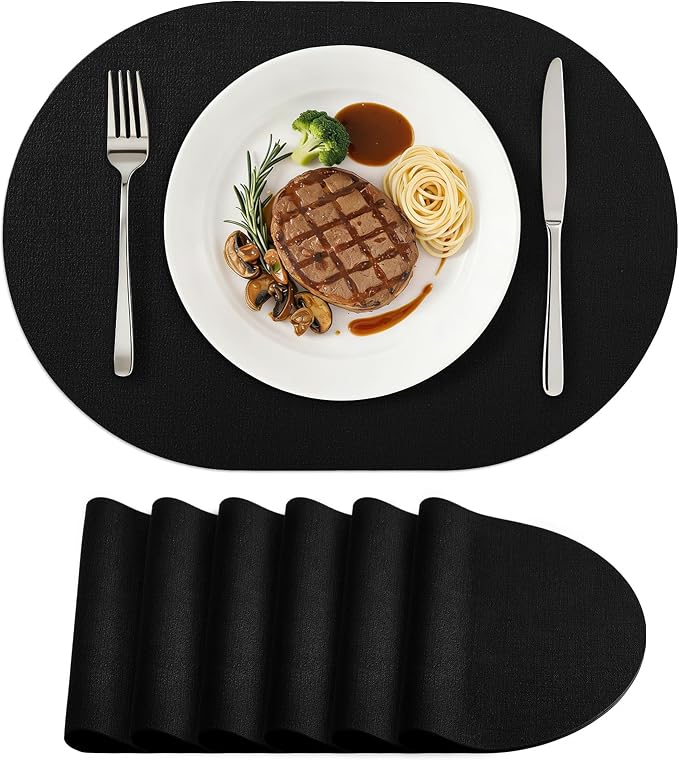 Placemats Set of 6, 11.8 x 17 Inch, Black | Heat Resistant Oval Faux Leather Place Mats, Waterproof Wipeable Reversible PU Placemat, Indoor & Outdoor