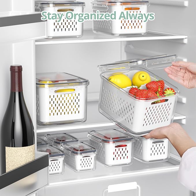 Fruit Storage Containers for Fridge with Removable Colander, 8 Pack Fruit Containers for Fridge with 2 Function Divider Plate, Airtight Storage Container to Keep Berry Fruit Fresh, Dishwasher Safe