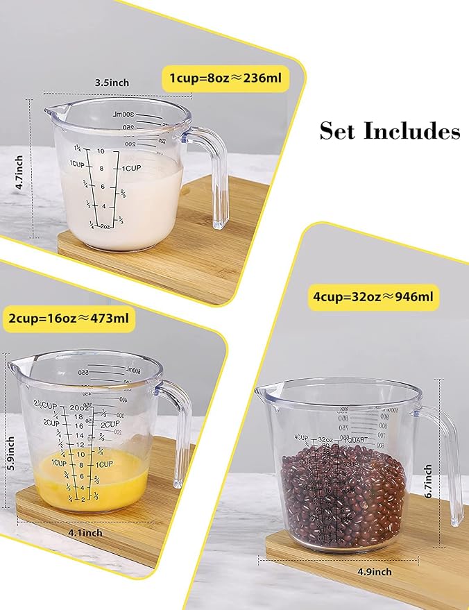 -BINGBING- Measuring Cups Set, Liquid Measuring Cups For 3 For Kitchen | BPA Free Plastic Set with Spout Multiple Measurement Scales, Cup, Ml and Oz, (Clear)