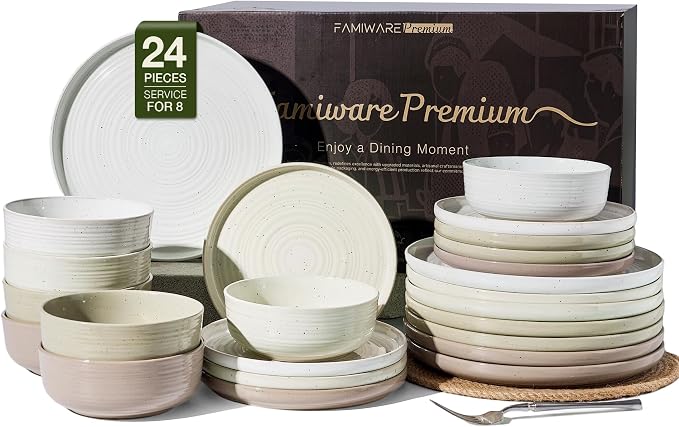 Stoneware Dinnerware Set for 8, Plates & Bowls, Multicolor | 24-Piece Ceramic Speckled Spiral Dishes, Chip & Scratch Resistant, Microwave & Dishwasher Safe, Everyday Use, Farmhouse Style