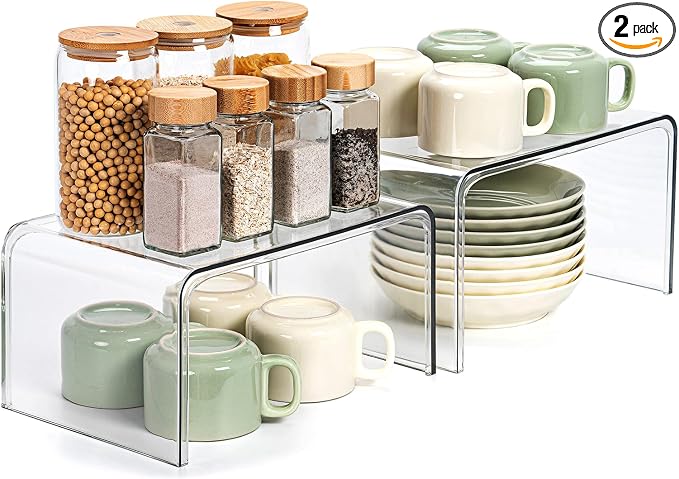 Bobomoment Clear Cabinet Organizer, Stackable Shelf Organizer Set of 2 | Kitchen Pantry Organizers and Storage, Display Cabinet Shelf Countertop Desk Shelves, Patented Spice Organization