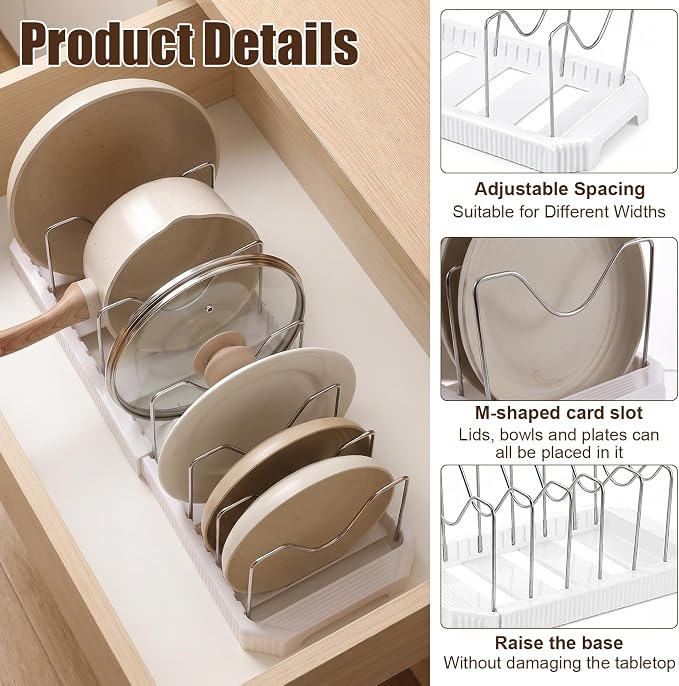 2 Pack Expandable Pot and Pan Organizer Rack for Kitchen Cabinet | Adjustable Lid Holder with 7 Adjustable Dividers Pot and Pan Lid Holders Rack Space-Saving Storage for Renters Homes