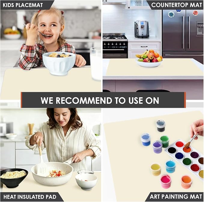 Extra Large Placemat, Food-Grade Flexible Silicone Mat Kids Non-Slip Dinner Placemat Waterproof Heat Insulation Countertop Protector Silicone Pastry Rolling Dough Mats 27.6 x 16''Beige