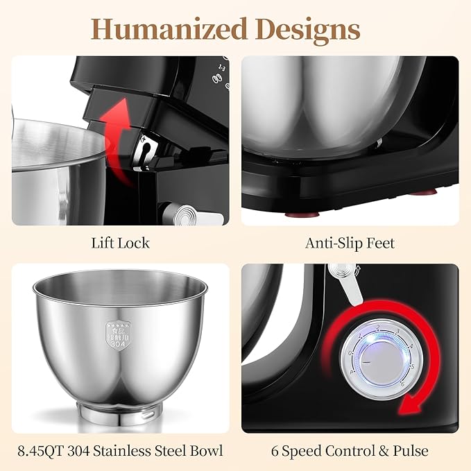 FEST 8.45QT Electric Kitchen Stand Mixer with 6 Speeds and 1500W Motor | Large mixing bowl, dough hook, whisk, beater and removable splash shield for bread, cakes, cookies, whipping and home baking