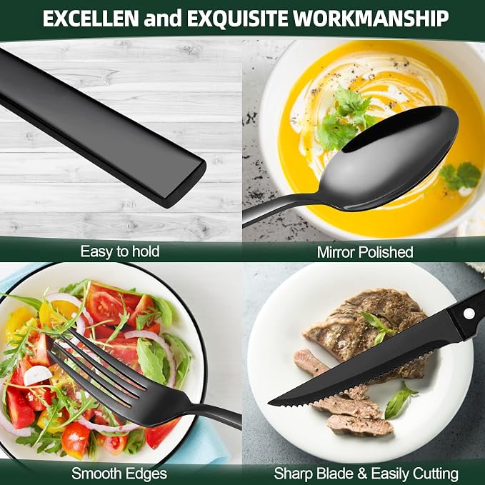 72-Piece Black Silverware Set with Steak Knives for 12, Black Flatware Set | CEKEE Stainless Steel Tableware Cutlery Set, Kitchen Utensils Set for Home & Restaurant, Heavy Duty & Mirror Finished