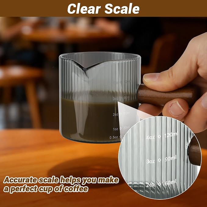 Espresso Measuring Cup 4 Oz, Espresso Glass Cups with Wood Handle, Milk Frothing Cup, Espresso Cup for Coffee, Milk, Tea or Maple Syrup Serving (Gray, 4 oz)