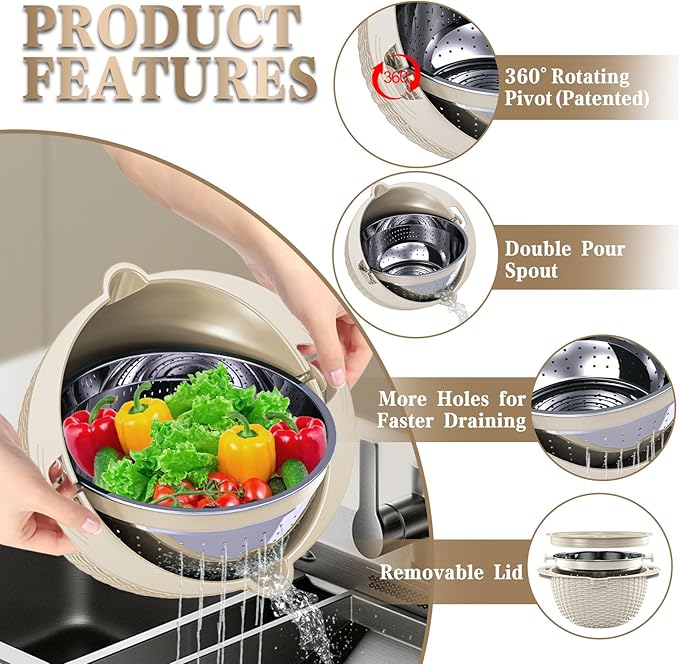 4-in-1 Colander with Bowl Set — Patented 360° Rotatable Strainer Bowl with 3 Graters, Snap-On Lid & Non-Slip Base, Funny Kitchen Present for Women, Aesthetic Pasta Fruit Vegetable Strainer (Beige)