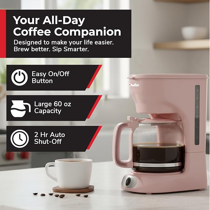 MUELLER HOME 12-Cup Pink Coffee Maker | Borosilicate Carafe, Auto-Off, Reusable Filter, Anti-Drip, Keep-Warm Function