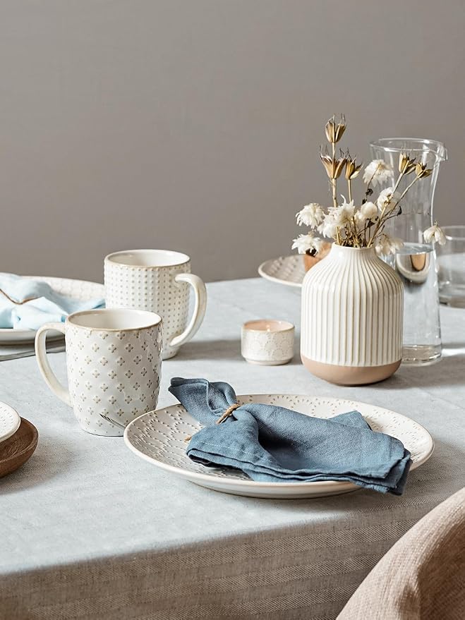 LE TAUCI Ceramic Dishes Set for 4, 16 Piece Kitchen Dinnerware Set with Mugs, Embossed Plates and Bowls Sets, Microwave & Dishwasher Safe, Arctic White (8"&10" Plate, 26oz Bowl, 12oz Mug)