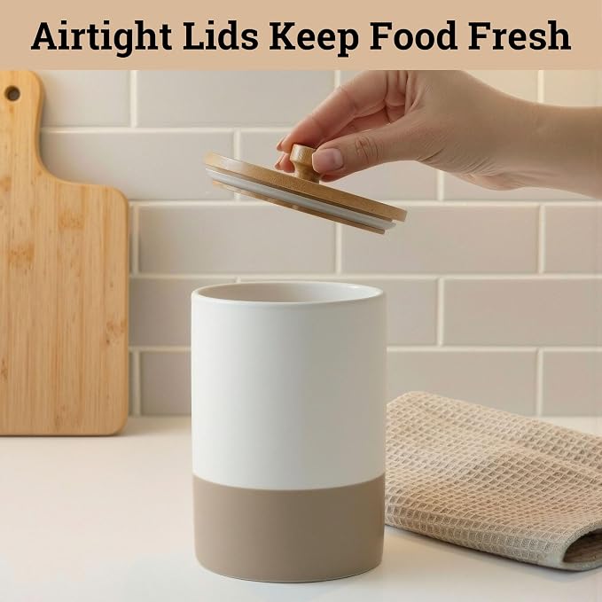 Ceramic Kitchen Canisters for Countertop Set of 3 w/Airtight Bamboo Lids | Thick Sturdy Ceramic, Matte Finish, Airtight Easy Open Bamboo Lids, Comfortable Bamboo Handles, Jar Volumes: 2, 1, 0.5 quarts