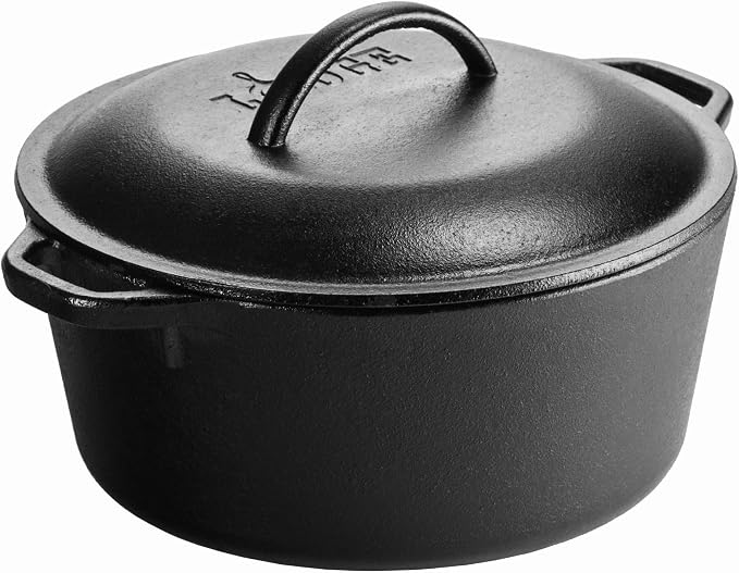 Lodge Cast Iron Dutch Oven 5 Quart - Loop Handle Cooking Vessel - Even Heat Retention - Oven-Safe, Versatile Pot