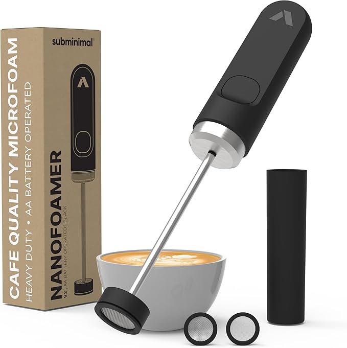 Subminimal NanoFoamer V2 Performance Milk Foamer | NEW Model Edition | Waterproof, Dual-Speed, Stainless Steel | Microfoamed Milk in 30 Seconds, Barista-Style Coffee Drinks Home | Waterproof dual-speed handheld frother, microfoamed milk in 30 seconds, ...