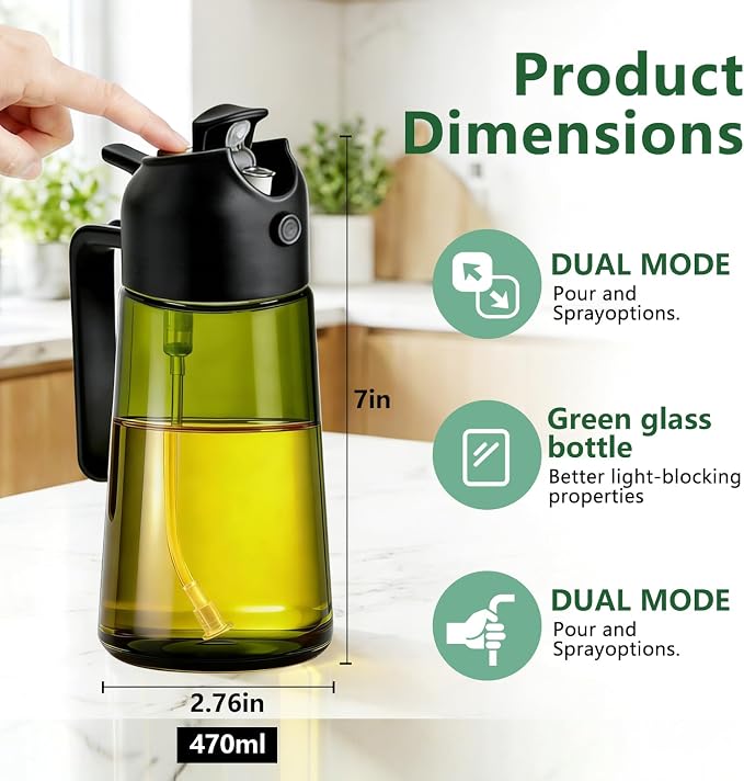 Olive Oil Sprayer & Dispenser Bottle for Cooking, Air Fryer, BBQ, and Salad – 2-in-1 Oil Mister Kitchen Accessory (Black)