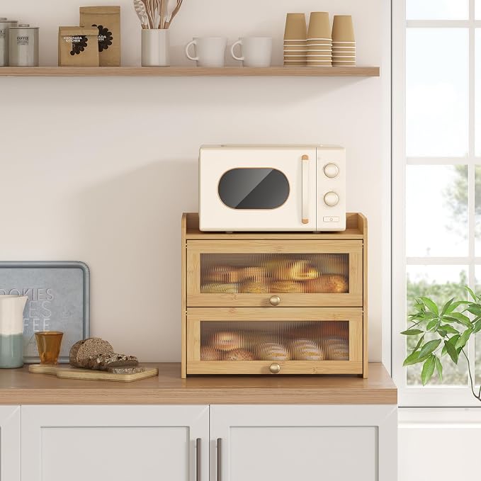 Large Vintage Bread Box for Kitchen Countertop Homemade Bread, Bamboo | Farmhouse Wooden Double Layer Breadbox Organizer Bread Holder Storage Container with Window