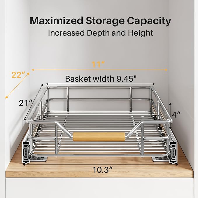 Pull out Cabinet Organizer, 11"W X 21"D, Heavy Duty Smooth Sliding Under Cabinet Shelves for Pots and Pans, Full-Extension Roll out Drawers, Slide out Organization for Home Kitchen Pantry