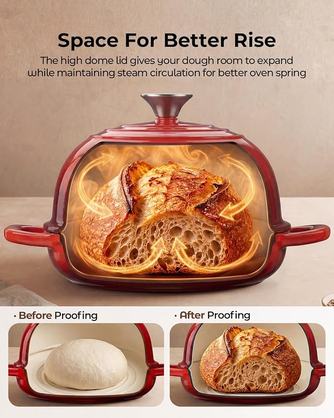 5QT Enameled Cast Iron Sourdough Bread Oven & Starter Kit, Red | Tight-fitting Dome Lid Helps Retain Steam, Baking Kit Supports Proofing, Scoring & Dough Transfer, Complete Artisan Bread Set