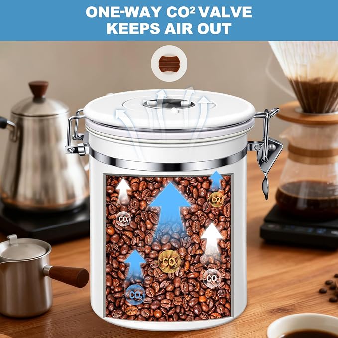 ShanSon Coffee Canister Airtight, Stainless Steel Bean Storage Container with Date Tracker & Scoop, Grounds Sugar Flour Tea Cereal Fits Kitchen Pantry, Ideal Gift for Coffee Lovers,16oz, White