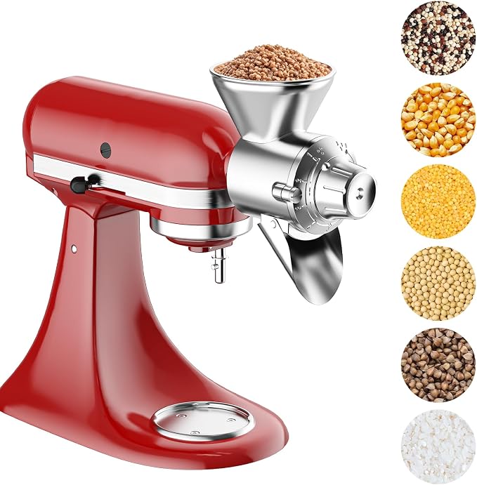 HOZODO Grain Mill Attachment for KitchenAid Stand Mixer, All Metal | 9-Level Flour Mill for KitchenAid, Fully Dried Low-Moisture, Low-Oil Grains, Corn, Millet & Wheat