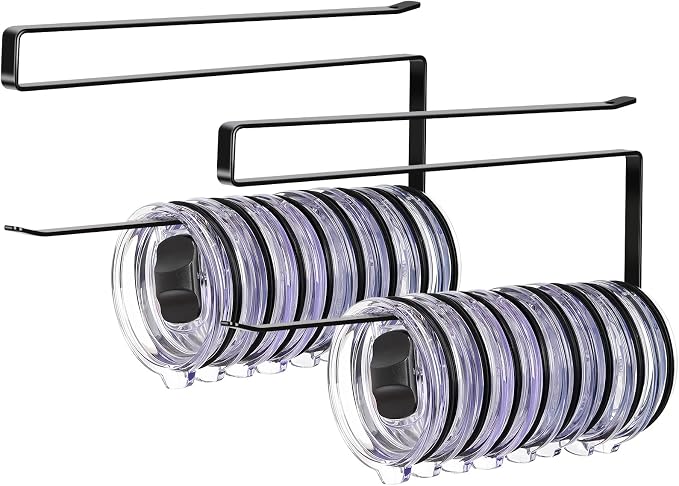 2 Pack Tumbler Lid Organizer, Versatile Tumbler Storage Holds 20 Lids Black | Space Saving Cup Lid Organizers Inside Cabinet Tumbler Lid Hook for Kitchen Organizer and Storage, Paper Towel Rack Hanger