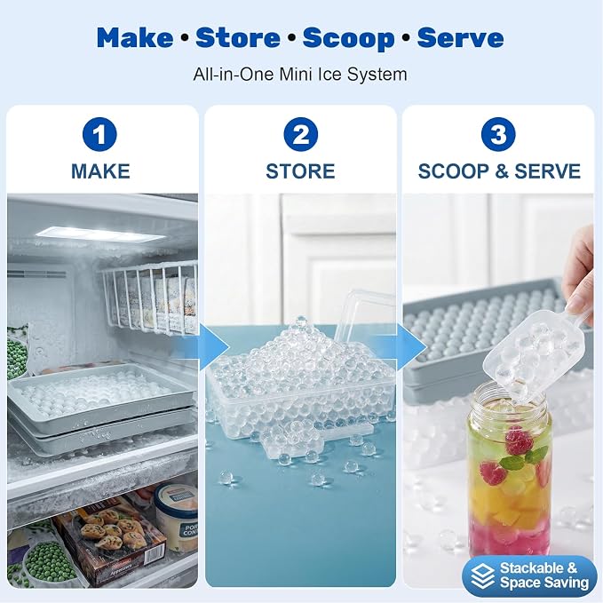 Mini Ice Cube Trays with Lid & Bin, Tiny Pebble Ice Balls for Coffee | Make 208 Mini Ice Balls with 2 Trays, Easy Release, Stackable, Scoop Included, for Iced Coffee, Drinks and Daily Use