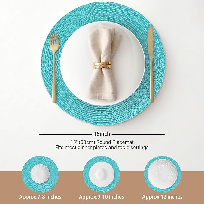 FunWheat Round Braided Placemats Set of 4 Table Mats for Dining Tables Woven Washable Non-Slip Place mats 15inch (Turquoise, 4pcs)