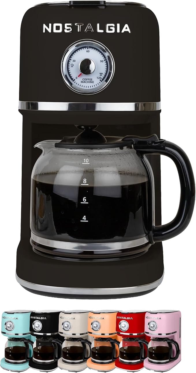 Nostalgia Classic Retro 10 Cup Coffee Maker - One-Touch Drip Brew, Reusable Filter - Anti-Drip, Auto Shutoff, & Time Display - Dishwasher Safe 50 oz Carafe - Black