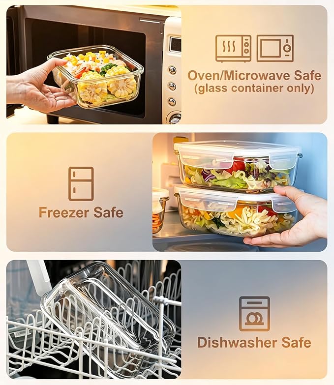 Large Glass Food Storage Containers with Lids, 2 Pack, 8 Cups/ 63oz | Meal Prep Food Container Set for Family Meal, Leftovers, Baking, Leak-Proof, Microwave, Oven, Freezer & Dishwasher Safe
